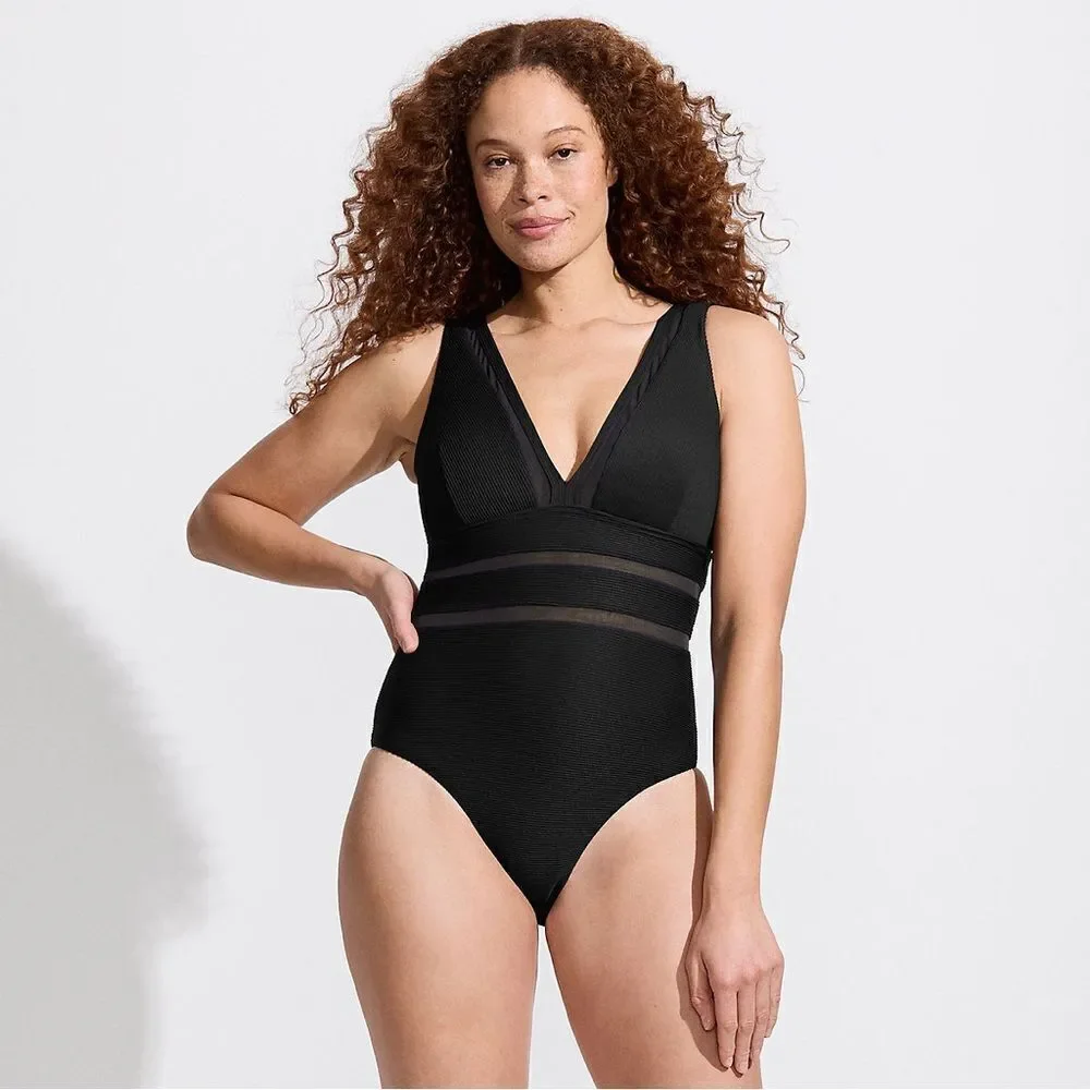 Land's End one piece Plunge swimsuit mesh ribbed Textured high leg Black Var - Picture 7 of 13